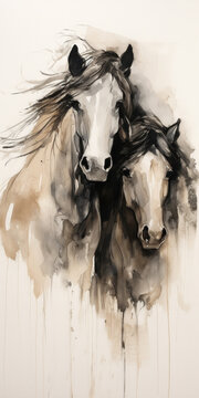 Watercolor paint style portrait of two horses in beige and black colors.