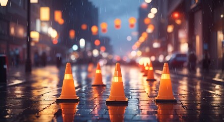 Traffic cones line raining city street