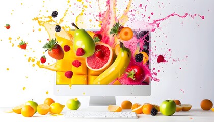 A mix fruit splash from computer monitor screen illustration on white background. Generative AI