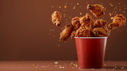 Banner of Fried Chicken wings and legs on brown background