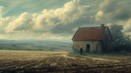 A landscape wallpaper of old village farm in country side of Europe. Generative AI