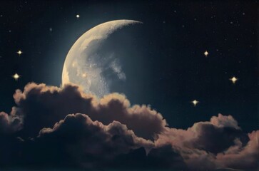 Obraz na płótnie Canvas Moon and stars visible through a thin veil of clouds. Night sky background