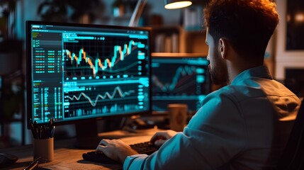 A stock trader man working on computer, the monitor show a trading graph patterns. Generative AI - obrazy, fototapety, plakaty