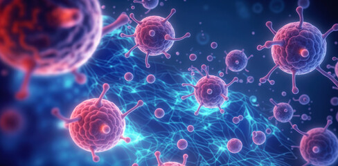 Virus cells on a blue background. Exploring microscopic worlds of microbiology and biotechnology, investigating molecular structures for disease prevention and medical advancements