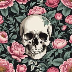 Floral Skull and Peony Vintage Wallpaper