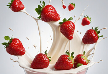 Strawberries falling into milk on a white backdrop