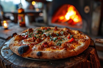 Pizza on a wooden table in front of a burning fireplace. Diavola. Cheese Pull. Diavola Pizza on a...