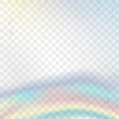 Transparent distressed old film background with rainbow leak effect, dust scratches stains
