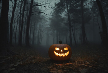 Spooky pumpkin lantern illuminating a dark forest on Halloween night.