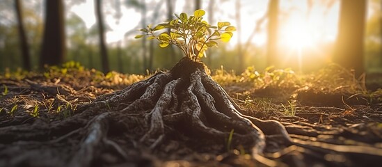 Young tree emerging from old tree stump with sunshine - obrazy, fototapety, plakaty