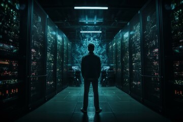 Focused Person standing in front of dark server room. Cyber security specialist in database centrum. Generate ai