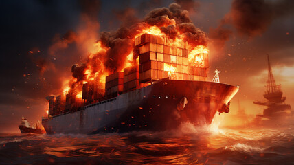 Fire in the container ship at the sea