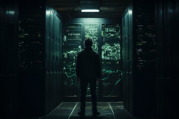 Pensive Person standing in front of dark server room. Cyber security specialist in database centrum. Generate ai
