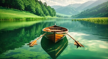 Wooden rowing boat on a calm green lake - obrazy, fototapety, plakaty
