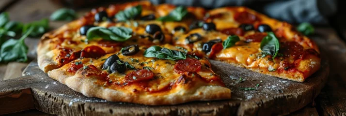 Foto auf Acrylglas Diavola Pizza with mozzarella cheese, tomatoes and black olives on wooden table. Diavola. Cheese Pull. Diavola Pizza on a Background with copyspace. © John Martin