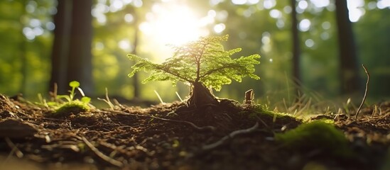 Young tree emerging from old tree stump with sunshine - obrazy, fototapety, plakaty