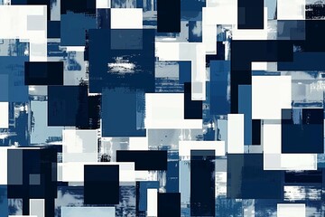 Dark blue white pattern. Chaotic. Geometric shape background for design. Squares, rectangles or block. Seamless. Abstract. Mosaic, collage. Web banner. Wide. Long