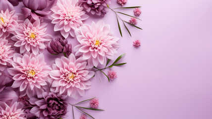 Spring composition of a bouquet of lilac peonies, top view with copy space on a pastel background