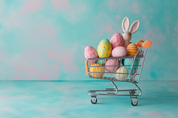 a shopping cart filled with easter eggs and bunnies o - obrazy, fototapety, plakaty