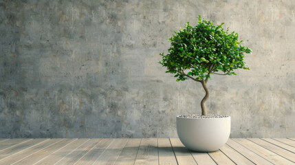 small tree with lush green leaves planted in a large white pot against a textured grey concrete wall.