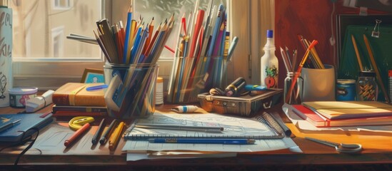 Various kinds of school supplies, books, pencils and others on the table. AI generated image - obrazy, fototapety, plakaty