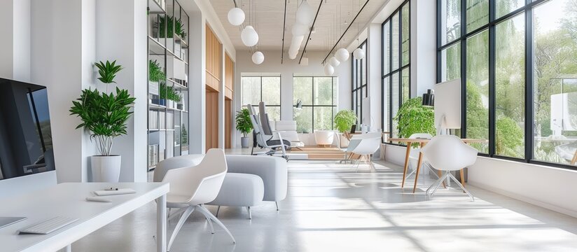 Modern white indoor office for workspace clean interior design. AI generated image