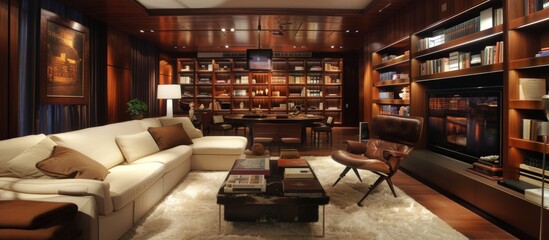 Luxury large living room with library of book shelf very comfortable and stylish design.AI generated