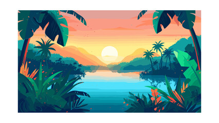 Fototapeta na wymiar Tropical landscape with palm trees and mountains. Vector illustration