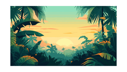 Fototapeta na wymiar Tropical Jungle with Water and Mountains at Sunset