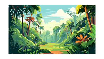 Tropical landscape with palm trees and mountains. Vector illustration