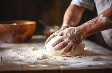 Obraz na płótnie Canvas Male hands kneading dough on wooden table with flour in bakery