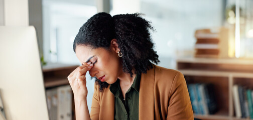 Business woman, headache and stress on computer for Human Resources fail, mistake or payroll error...