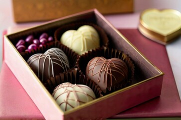 Heart-shaped box of chocolate truffles with a red rose