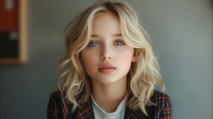 Young girl with blond fashion hairstyle looking at camera standing on gray background. Generative AI.