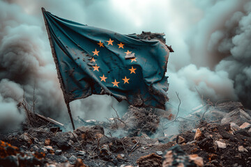 A tattered European Union flag waves on a pile of rubble in a smoky, destroyed area. - obrazy, fototapety, plakaty