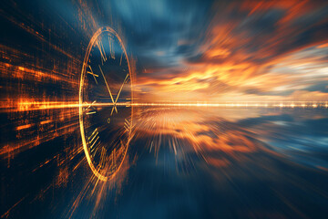 abstract image of time passing by with a clock over a sea and burning sky in background - obrazy, fototapety, plakaty