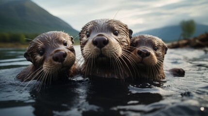 A Group of Otters Swimming in a Body of Water