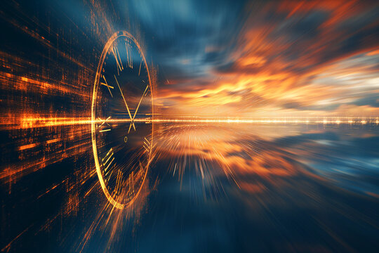 abstract image of time passing by with a clock over a sea and burning sky in background
