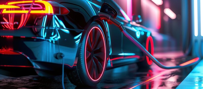 Illustration futuristic electric car charging in a charge station. AI generated image