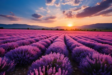 A field filled with lavender flowers as the sun sets in the background, casting a warm golden glow over the landscape.