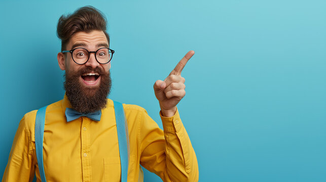 homem barbudo animado com camisa amarela apontando com o dedo para o espaço da cópia