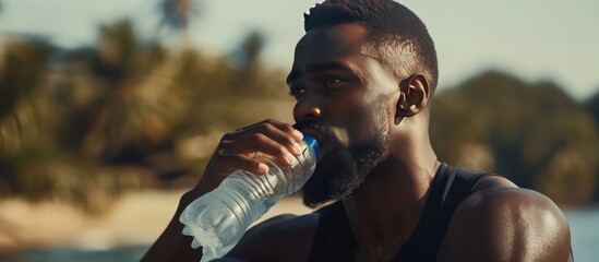African sportsman drinking water from bottle after doing sport. AI generated image - obrazy, fototapety, plakaty