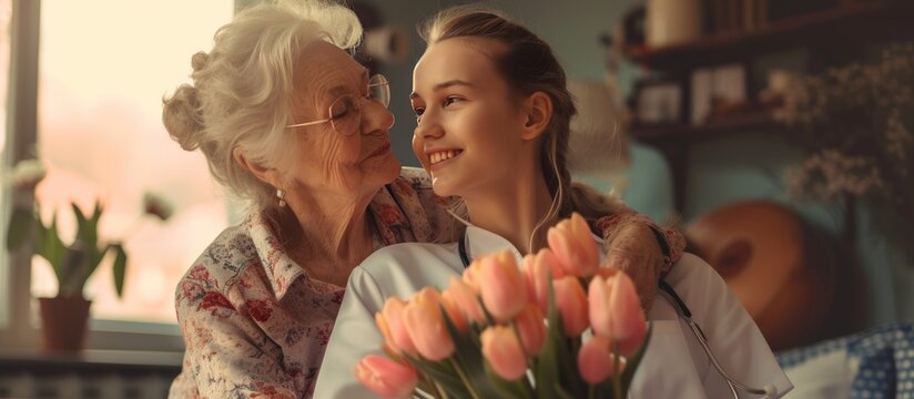 Happiness moment a nurse give tulip bouquet to senior woman. AI generated image