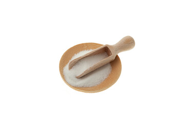 Food additive E575 in wooden scoop on white background. Glucono-delta-lactone, also known as gluconolactone. Pure GDL, white odorless crystalline powder Produced by the aerobic oxidation of glucose
