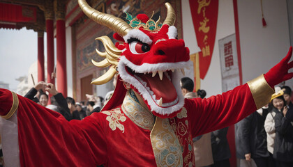 Fototapeta na wymiar Festive red Chinese dragon joyously ringing in the New Year