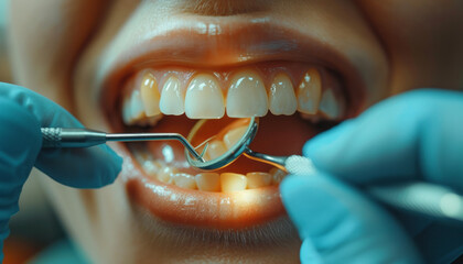 dentist holding the angled mirror and hook while examining teeth the patient,generative ai - obrazy, fototapety, plakaty