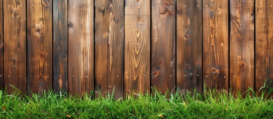 Fototapeta premium Wooden fence door with green grass lawn outside of house. AI generated image