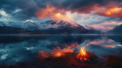 Twilight campfire at high snow capped mountains in most beautiful multi colored sky in mountain lake landscape. Generative AI.