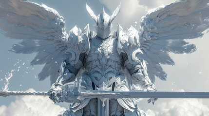 A powerful armored angel with six wings and a flaming sword reflecting the role of angels as warriors in JudeoChristian stories. - obrazy, fototapety, plakaty