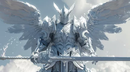 Fotobehang A powerful armored angel with six wings and a flaming sword reflecting the role of angels as warriors in JudeoChristian stories. © Justlight